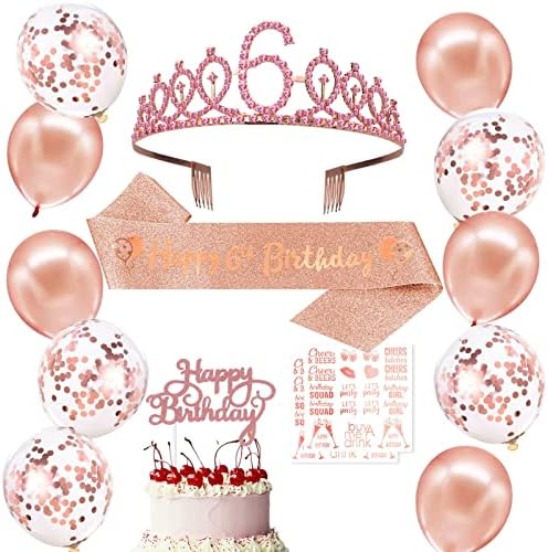 SGKUED 6th Doğum Günü Hediyeleri için Kız, gül Altın Glitter Doğum Günü Kanat ve Kristal Rhinestone Taç Tiara ve Balonlar Kek