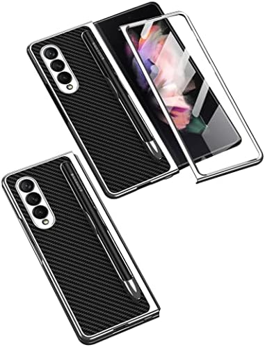 KumWum Telefon samsung kılıfı Galaxy Z Fold 3 5G Ultra-İnce Tam Vücut koruyucu Kapak ile Temperli Cam Ekran Koruyucu ve S kalemlik-Karbon