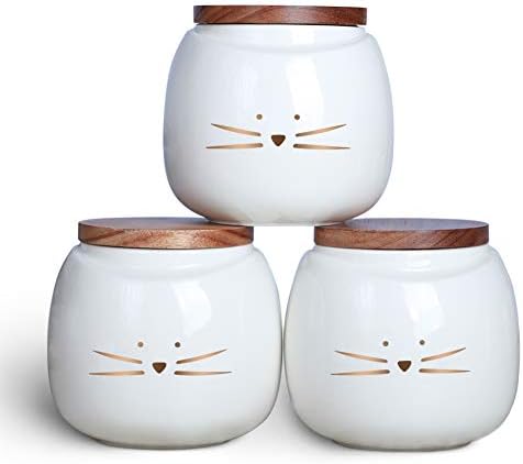 Koolkatkoo Seramik Kedi Beyaz Teneke Kutu Seti Kahve Çay Şeker Gıda Depolama için Bambu Kapaklı Mutfak Teneke Kutu Yuvarlak