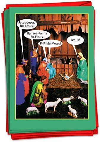 NobleWorks - 12 Noel Tebrik Kartları Komik Kutulu Noel Karikatür Mizah, Comic Notecard Seti (1 Tasarım, 12 Kartları) - İsa