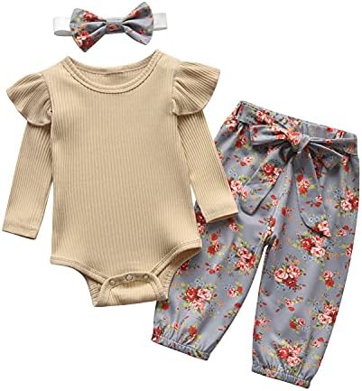 Yenidoğan Bebek Bebek Kız Giysileri Fırfır Uzun Kollu Romper ve Çiçek Pantolon Kafa Bandı ile 3 ADET Set