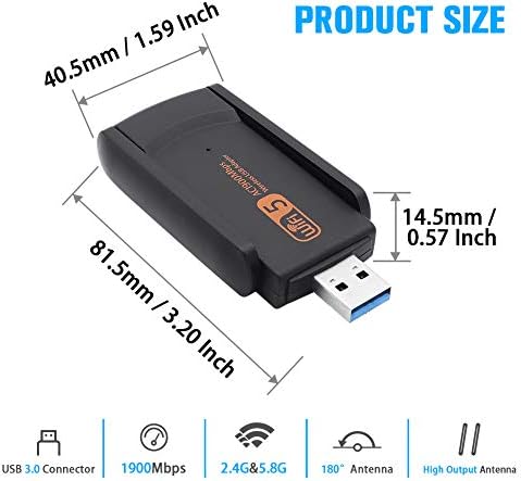 Mini USB WiFi Adaptörü 1900 Mbps Dual Band 2.4 G/600 Mbps 5.8 G/1300 Mbps Kablosuz Adaptör USB3.0 Masaüstü Laptop için, destek