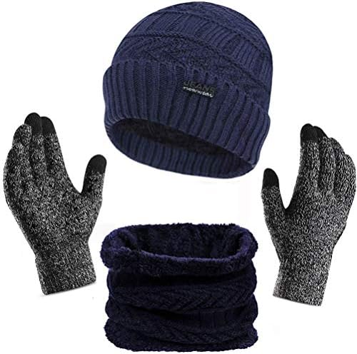 3 Adet Kış Bere Şapka, Eşarp, Dokunmatik Ekran Eldiven Sıcak Örgü Şapka Kalın Polar Astarlı (Donanma)