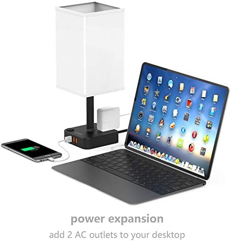 COZOO USB başucu masa ve masa lambası ile 3 USB şarj portu ve 2 çıkışları Güç şeridi, siyah Şarj Tabanı ile Beyaz Kumaş Gölge,