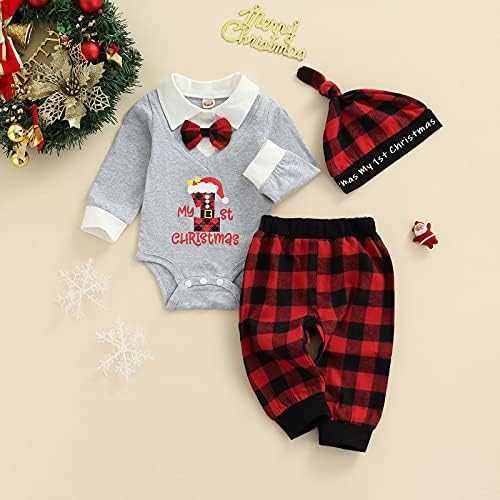 3 Adet / takım Erkek Bebek Benim Ilk Noel Kıyafeti, beyefendi Romper Bodysuit Papyon Ekose Pantolon Tayt Şapka Giysileri