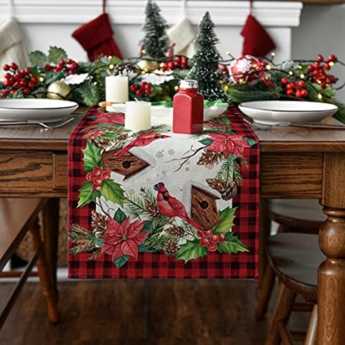 Artoid Modu Buffalo Ekose Kardinal Birdhouse Noel Masa Koşucu, Mevsimsel Kış Noel Tatil Mutfak Yemek Masası Dekorasyon için