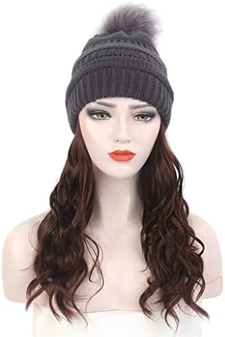 KLHHG Moda Avrupa ve Amerikan Bayanlar Saç Şapka Bir Gri Örme Şapka Peruk Uzun Kıvırcık Kahverengi Peruk ve Şapka Bir