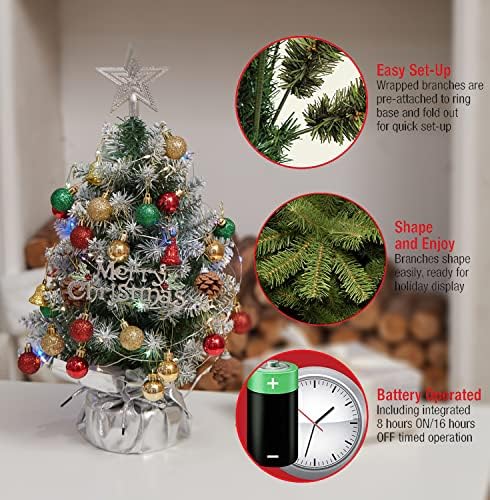 XmasExp 20 Masa Mini Noel ağacı 2 LED ışıkları ile Set, yıldız Treetop, süsler Topları, çan ve çam kozalakları, en iyi DIY