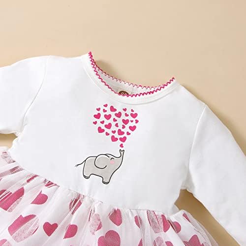 Yenidoğan Bebek Kız sevgililer Günü Giysileri Uzun Kollu Fil Kalp Baskı Tül Elbise Kafa Bandı ile 2 Adet Kıyafet