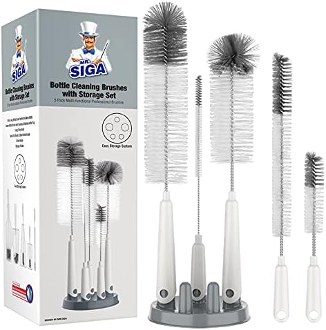 MR. SIGA 5 Paket şişe Fırçası Temizleme Seti ile Depolama Tutucu, Uzun Dar Boyunlu Şişeler için Temizleme Fırçaları, Su Şişeleri,