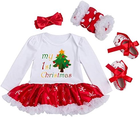 Yeni doğan bebek kız benim ilk Noel Romper Tutu elbise kıyafet kafa bandı ayakkabı, Noel çorap ile