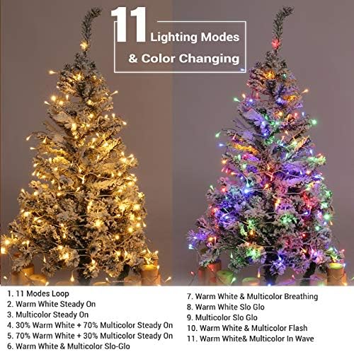 Brizled Noel Işıkları, 65.67 ft 200 LED Ağaç Işıkları Renk Değiştirme, 11 Fonksiyonlu Sıcak Beyaz Renkli Noel Işıkları, Bağlanabilir