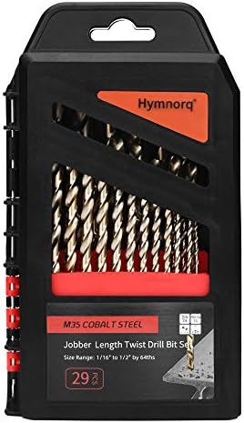 Hymnorq Jobber Büküm Matkap Uçları 29pc Seti, Premium Endeks Kasasında 1/16 ila 1/2 x 64 inç Fraksiyonsh İnç Ebadı, M35 Kobalt