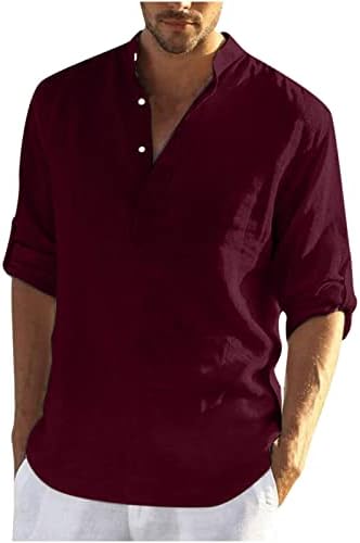 Erkek pamuk keten gömlek uzun kollu rahat Stand-up yaka düğmesi katı plaj T-Shirt