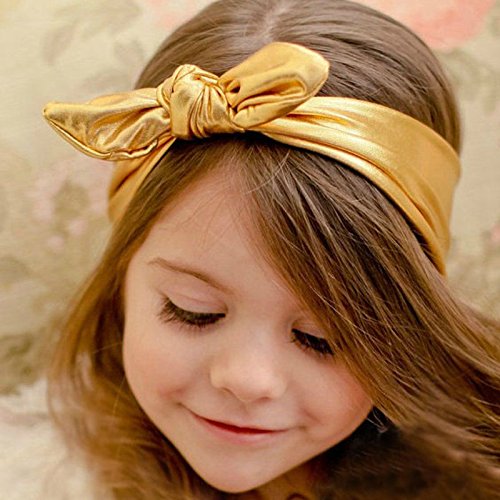 AKOAK Çocuk Metalik Dağınık Büyük Yay bebek Kız Esneklik Bandı Bebek çocuk Bezi Türban Düğüm Hairband Wrap (1 adet,Altın)