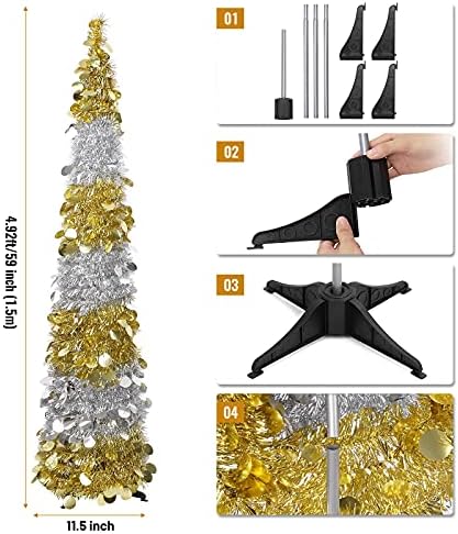 MACTİNG 5ft Pop Up Tinsel Noel Ağacı, kolay Montaj Tinsel Kıyı Ağaçları ile Büyük Folyo Sequins Altın ve Gümüş için Tatil Noel