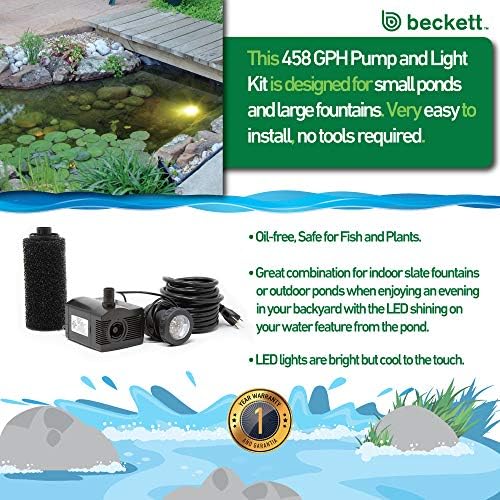 Beckett Corporation 450 GPH Dalgıç Çeşme ve Gölet Pompası LED Işıklı-Açık / Kapalı Havuzlar, Çeşmeler, Balık Tankları, Akvaryumlar