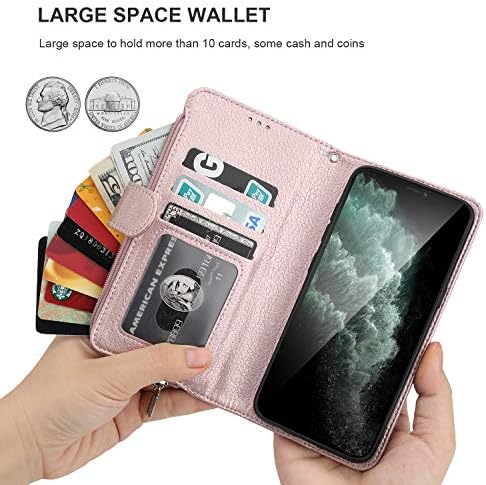 KİHUWEY iPhone 11 Pro Max Cüzdan Kılıf Premium Deri Fermuarlı Para Cebi ile Kredi kartı tutucu ve Bilek Kayışı, Kickstand ve