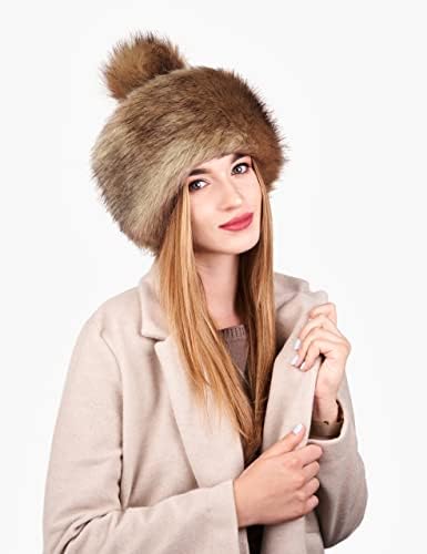 Futrzane Faux Kürk Rus Şapka Kadınlar için-Sıcak ve Eğlenceli Kürk Manşet Şapka ile Pom Pom
